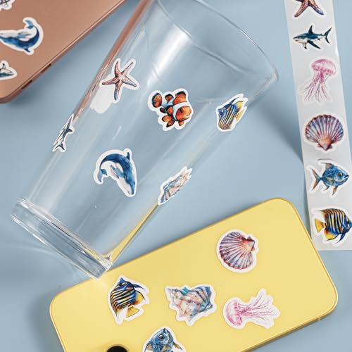 KOPTOP 1000PCS Ocean Animal Stickers Roll, 2 Rolls, 10 Styles Cartoon Sea Creature Stickers, Whales, Octopus, Sharks, Jellyfish, Clownfish, Shells & Fish Decals for Classroom Rewards - Image 3