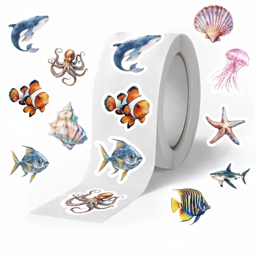KOPTOP 1000PCS Ocean Animal Stickers Roll, 2 Rolls, 10 Styles Cartoon Sea Creature Stickers, Whales, Octopus, Sharks, Jellyfish, Clownfish, Shells & Fish Decals for Classroom Rewards - Image 5