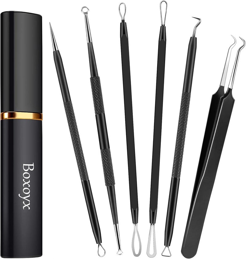 Boxoyx Pimple Popper Tool Kit - 6 Pcs Blackhead Remover Comedone Extractor Tool Kit with Metal Case for Quick and Easy Removal of Pimples, Blackheads, Zit Removing, Forehead, Facial and Nose(Black) - Image 1