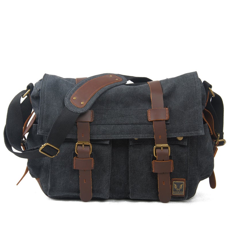 Mukawa Cloth Bag Retro Canvas With Crazy Horse Leather Messenger Bag For Men And Women Single Shoulder Casual Shoulder Bag - Image 1
