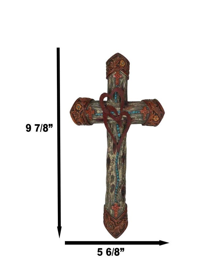 Ebros Gift Rustic Western Farmhouse Tooled 2 Intertwined Hearts Valentine Floral Scrollwork Turquoise Beads Wall Cross Decor Plaque Christian Catholic Decorative Accent Crosses - Image 2