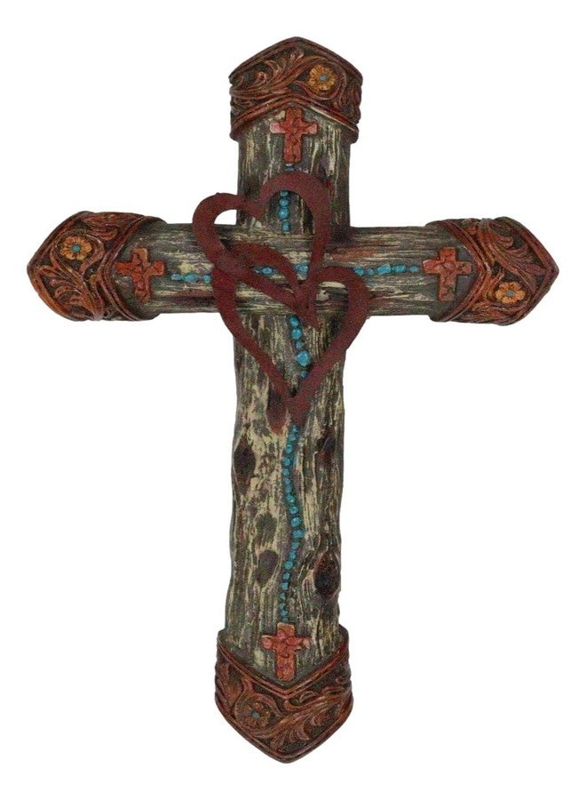 Ebros Gift Rustic Western Farmhouse Tooled 2 Intertwined Hearts Valentine Floral Scrollwork Turquoise Beads Wall Cross Decor Plaque Christian Catholic Decorative Accent Crosses - Image 1