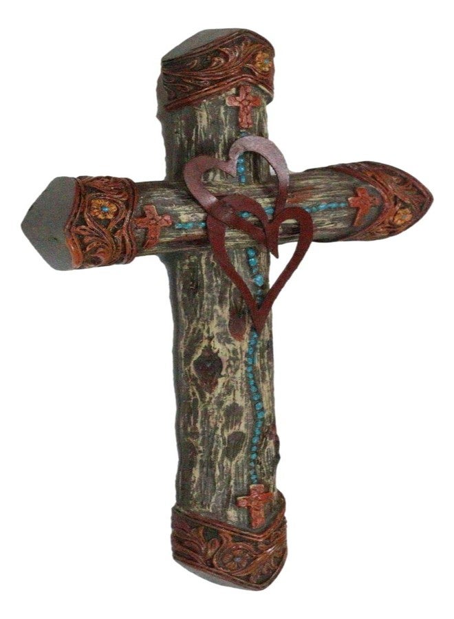 Ebros Gift Rustic Western Farmhouse Tooled 2 Intertwined Hearts Valentine Floral Scrollwork Turquoise Beads Wall Cross Decor Plaque Christian Catholic Decorative Accent Crosses - Image 4