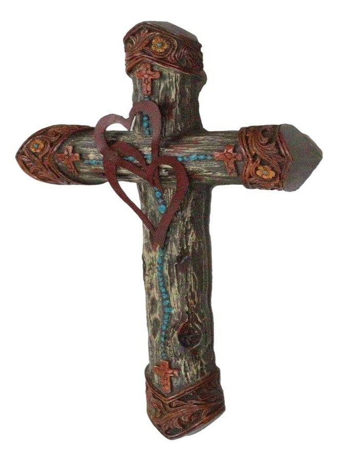 Ebros Gift Rustic Western Farmhouse Tooled 2 Intertwined Hearts Valentine Floral Scrollwork Turquoise Beads Wall Cross Decor Plaque Christian Catholic Decorative Accent Crosses - Image 5