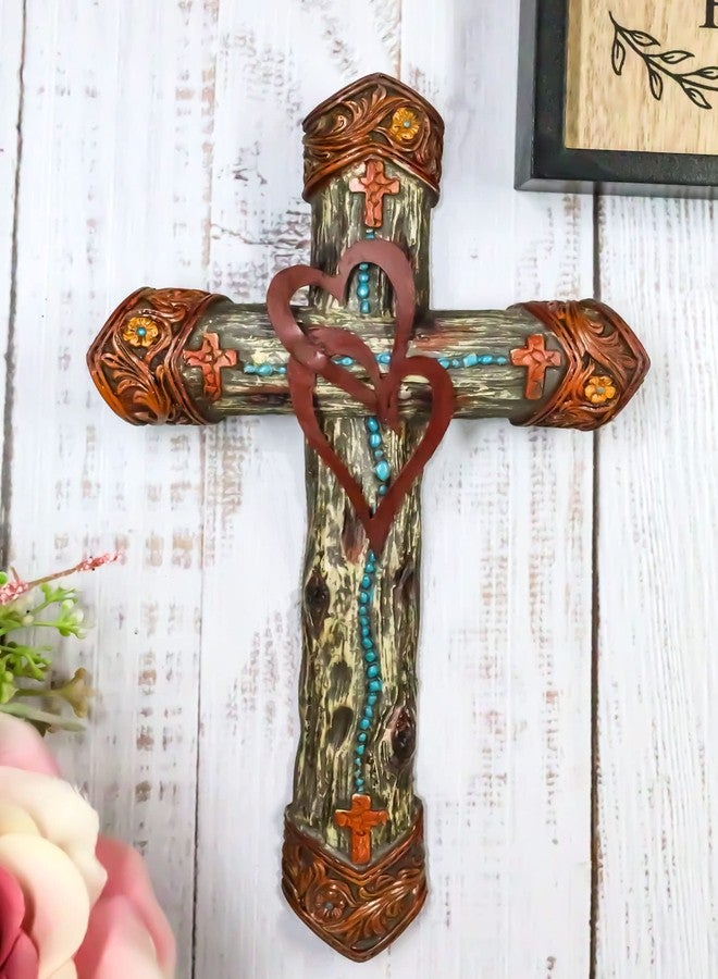 Ebros Gift Rustic Western Farmhouse Tooled 2 Intertwined Hearts Valentine Floral Scrollwork Turquoise Beads Wall Cross Decor Plaque Christian Catholic Decorative Accent Crosses - Image 3