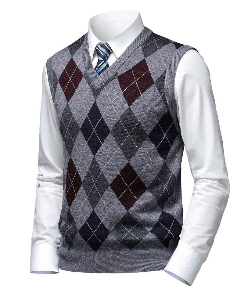 Herothorn Mens Thick Argyle Sweater Vests Classic V-Neck Knitwear Sleeveless Pullover Autumn Winter Warm Tank Tops Dark Grey - Image 1