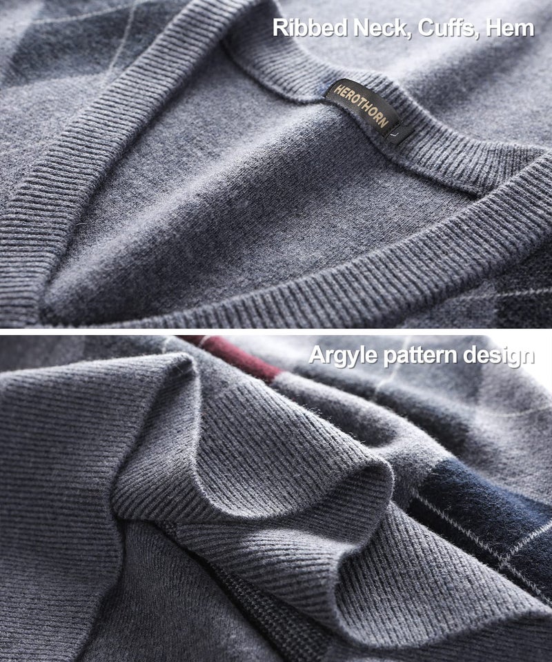 Herothorn Mens Thick Argyle Sweater Vests Classic V-Neck Knitwear Sleeveless Pullover Autumn Winter Warm Tank Tops Dark Grey - Image 5