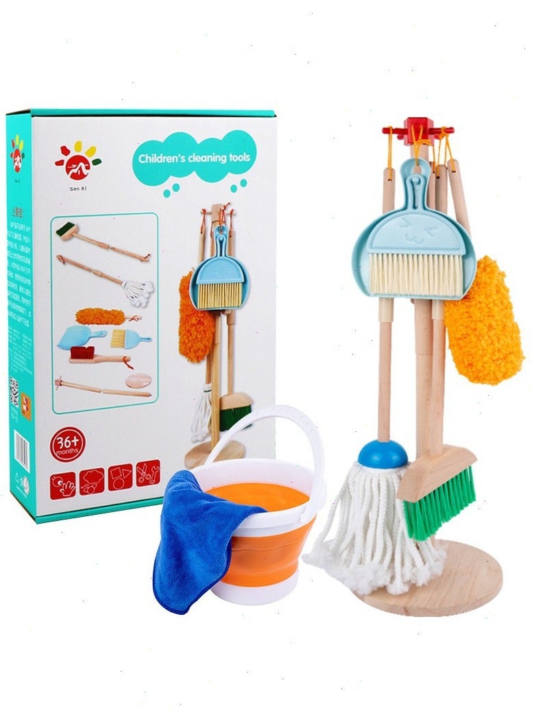 Wooden detachable cleaning toys for kids that includes a broom, mop, duster, brush, shovel, bucket, dish cloth and hanging stand, set of 9 - Image 1