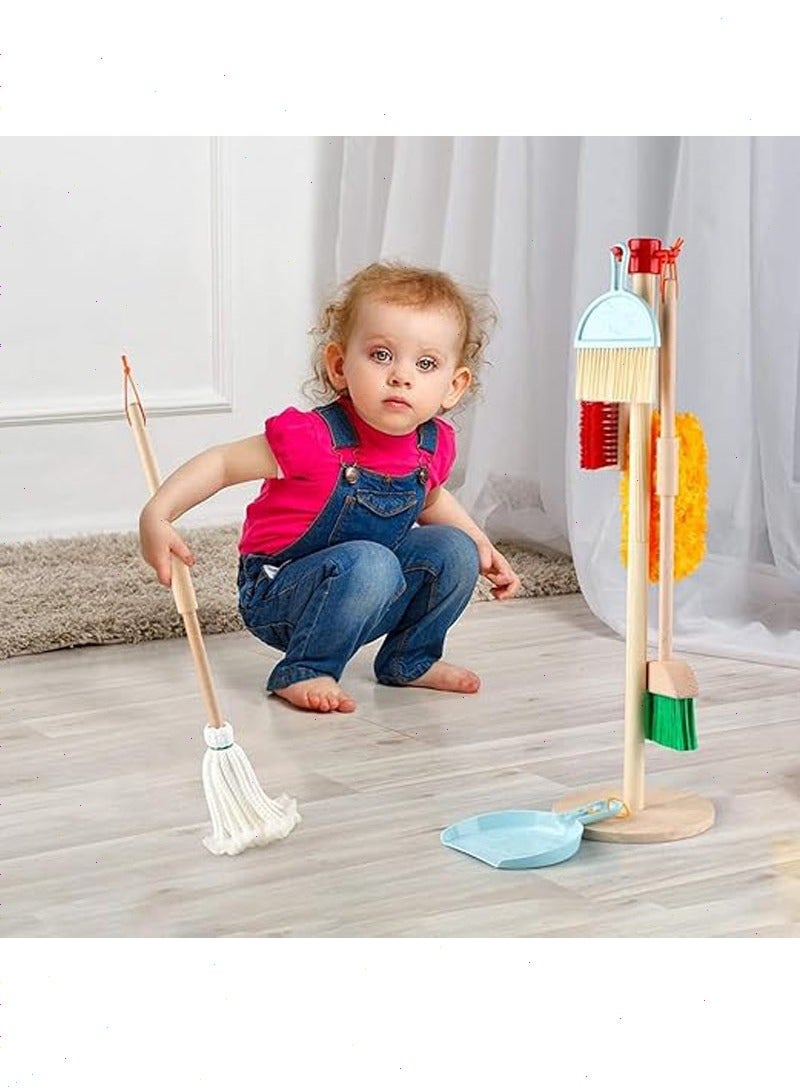 Wooden detachable cleaning toys for kids that includes a broom, mop, duster, brush, shovel, bucket, dish cloth and hanging stand, set of 9 - Image 3