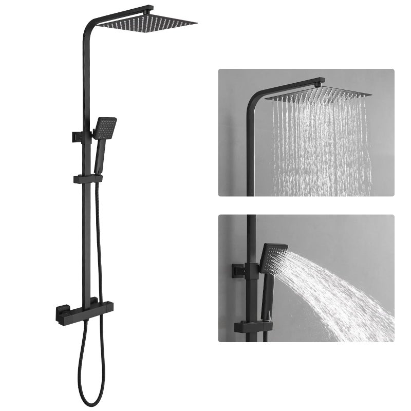 Homevacious Wall Mount Outdoor Shower Kit 9 Inch Rainfall Shower Head Handheld Spray Single handle Center Exposed Shower with Square Shower Head Matte Black - Image 1
