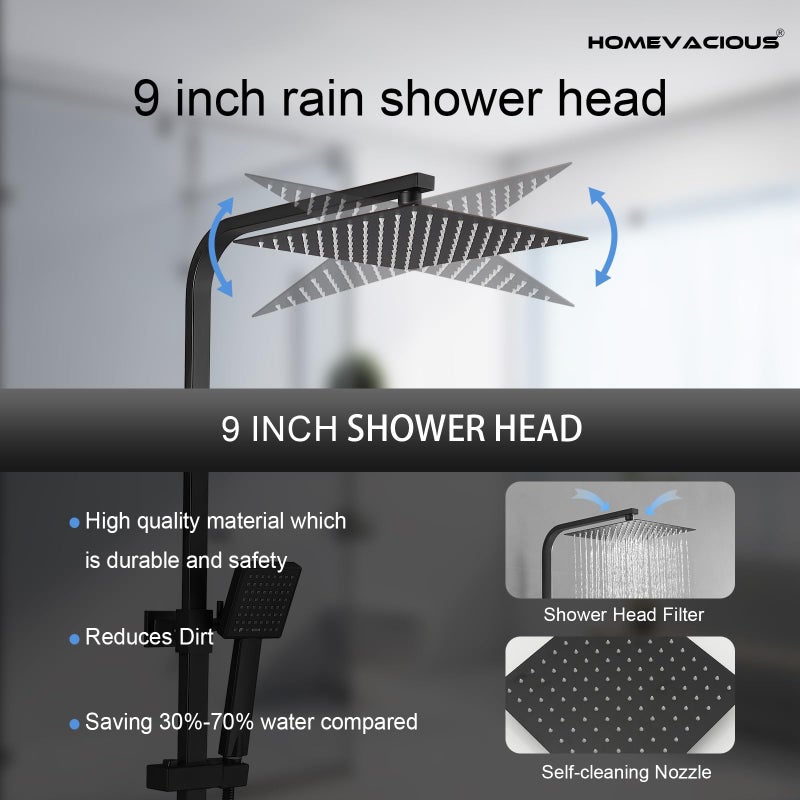 Homevacious Wall Mount Outdoor Shower Kit 9 Inch Rainfall Shower Head Handheld Spray Single handle Center Exposed Shower with Square Shower Head Matte Black - Image 3