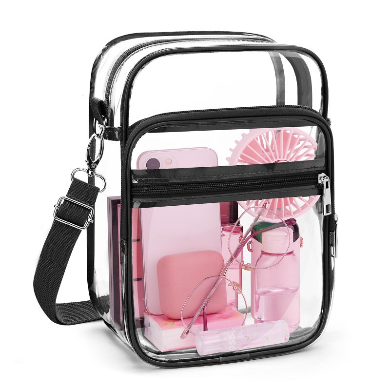 Blvornl Clear Crossbody Bag with Adjustable Shoulder Strap, Stadium Approved PVC Clear Purse Bag with Front Pocket, Clear Messenger Bag for Women and Men for Concerts Sports Events, Black-L - Image 1