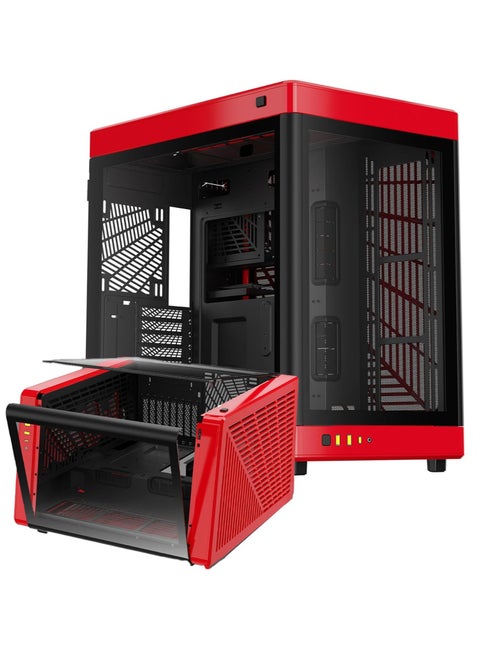 GAMDIAS NESO P1 Black Red Full Tower ATX Case - One Touch Swing Open - Panoramic Tempered Glass Panel - Dual Cahmber - Dual Orientation - High Airflow - Cable Management - Spacious Interior