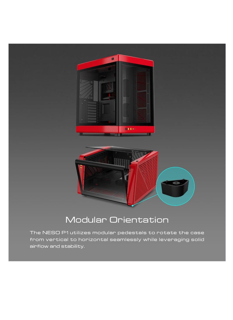 GAMDIAS - GAMDIAS NESO P1 Black Red Full Tower ATX Case - One Touch Swing Open - Panoramic Tempered Glass Panel - Dual Cahmber - Dual Orientation - High Airflow - Cable Management - Spacious Interior - Image 1