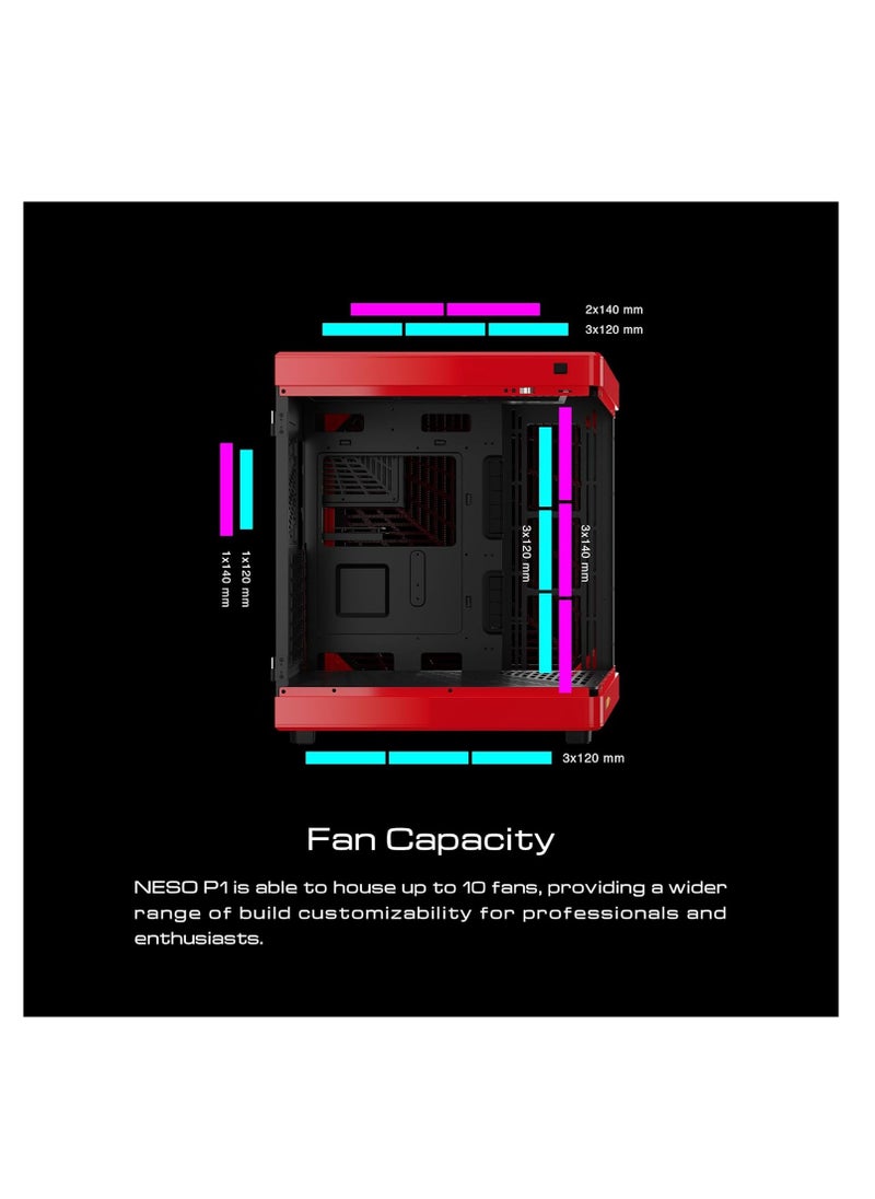 GAMDIAS - GAMDIAS NESO P1 Black Red Full Tower ATX Case - One Touch Swing Open - Panoramic Tempered Glass Panel - Dual Cahmber - Dual Orientation - High Airflow - Cable Management - Spacious Interior - Image 1
