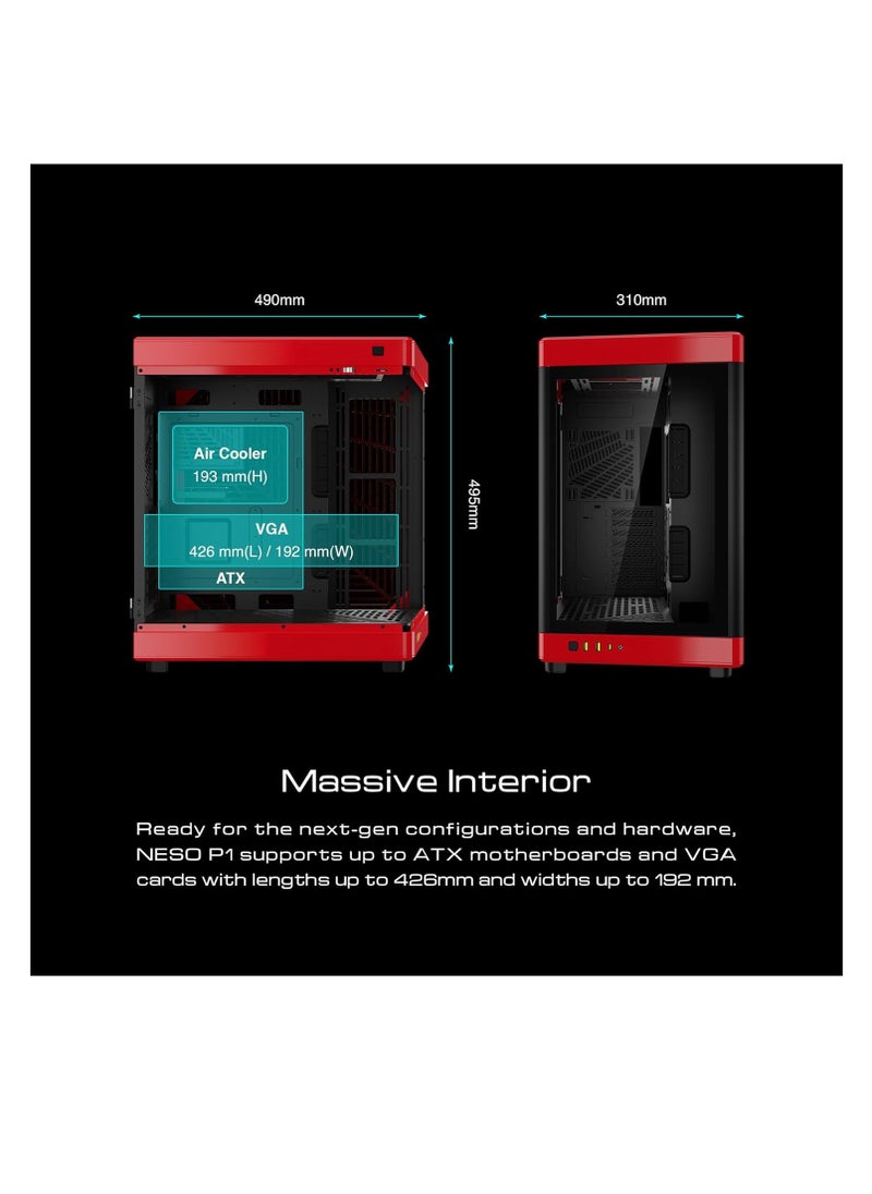 GAMDIAS - GAMDIAS NESO P1 Black Red Full Tower ATX Case - One Touch Swing Open - Panoramic Tempered Glass Panel - Dual Cahmber - Dual Orientation - High Airflow - Cable Management - Spacious Interior - Image 1