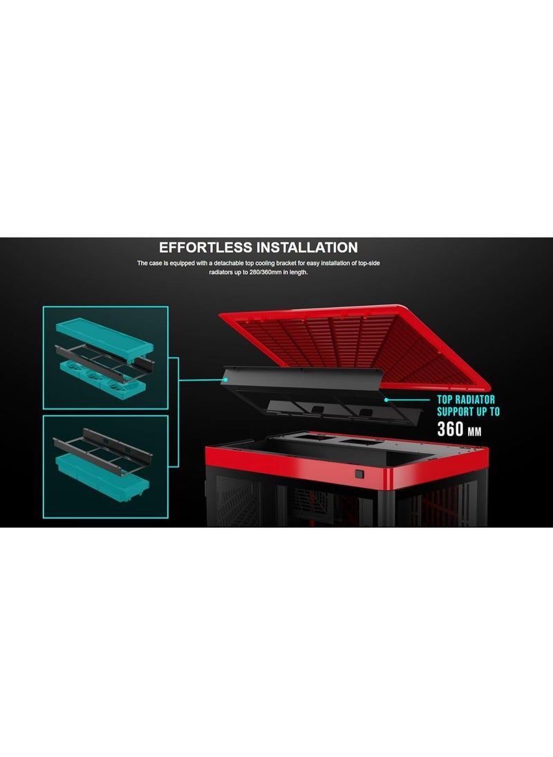 GAMDIAS - GAMDIAS NESO P1 Black Red Full Tower ATX Case - One Touch Swing Open - Panoramic Tempered Glass Panel - Dual Cahmber - Dual Orientation - High Airflow - Cable Management - Spacious Interior - Image 1