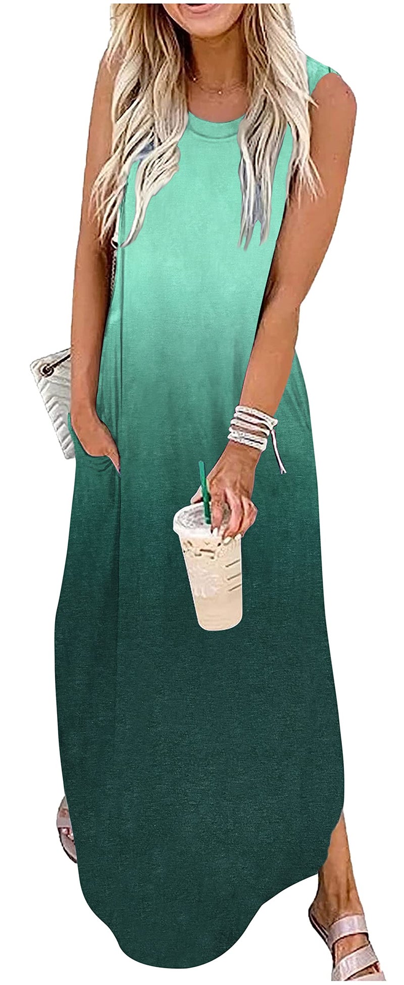 CHUNTIANRAN Women's Maxi Dress Summer Casual Sundress Sleeveless Long Dresses Hawaiian Beach Maxi Dress with Pockets(Green Gradient,X-Large) - Image 5
