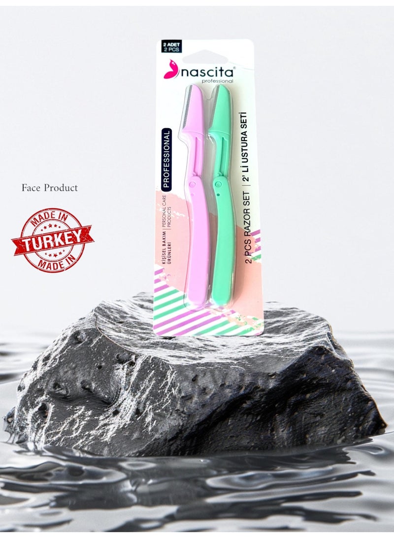 طقم شفرات حلاقة للحواجب من 2 قطع بنفسجي وأخضر