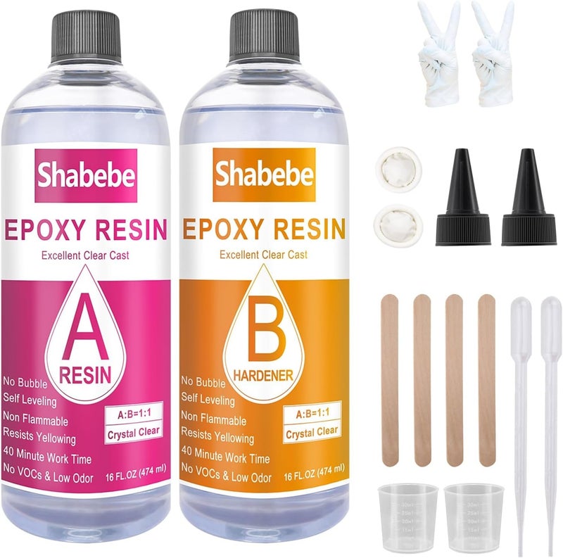 Shabebe Epoxy Resin, 32OZ Epoxy Resin Crystal Clear, Not-Yellowing No-Bubble, Self Leveling Easy Pou/Mix 1:1 Casting Kit & Coating for DIY Jewelry Making, Art Resina Clear Crafts, Molds, River Tables - Image 1