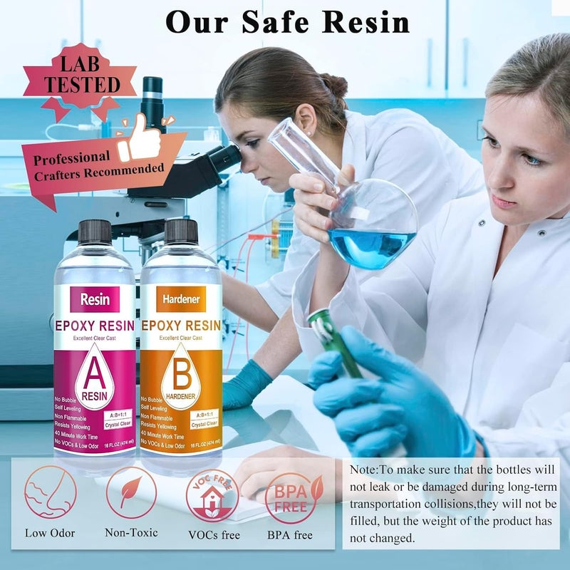 Shabebe Epoxy Resin, 32OZ Epoxy Resin Crystal Clear, Not-Yellowing No-Bubble, Self Leveling Easy Pou/Mix 1:1 Casting Kit & Coating for DIY Jewelry Making, Art Resina Clear Crafts, Molds, River Tables - Image 3