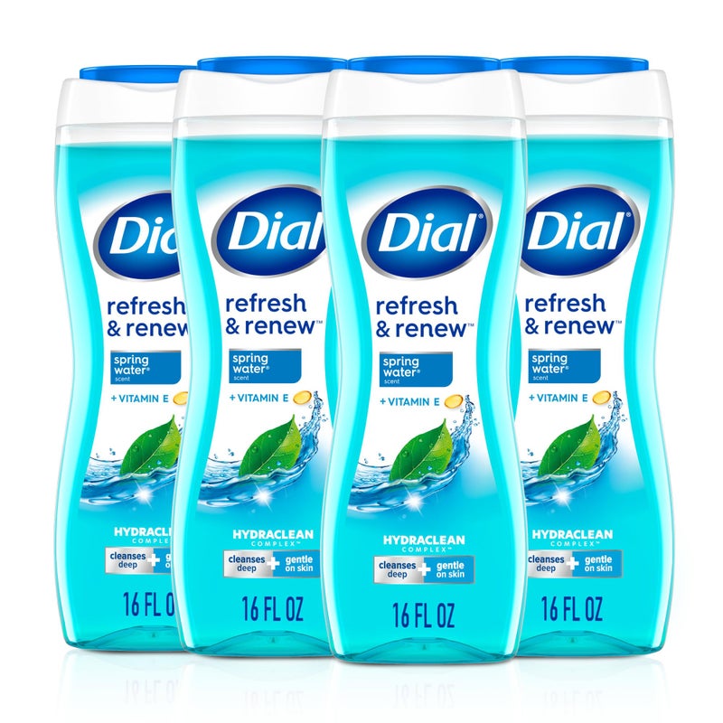 Dial Body Wash, Refresh & Renew Spring Water, 16 Fl Oz (Pack of 4), Hydraclean Complex & Vitamin E, Gentle, Leaves Skin Feeling Nourished, Dermatologist-Tested, No Parabens & Sulfates - Image 1