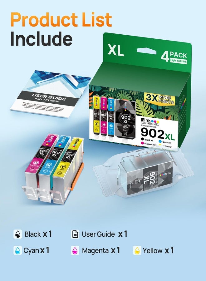 E-Z Ink Compatible 902XL Ink Cartridges for HP Printers Replacement for HP 902XL Ink Cartridges Combo Pack to use with Officejet Pro 6978 6968 6960 6975 Officejet 6951 6954 6956 6958 Printer(4 Pack) - Image 4