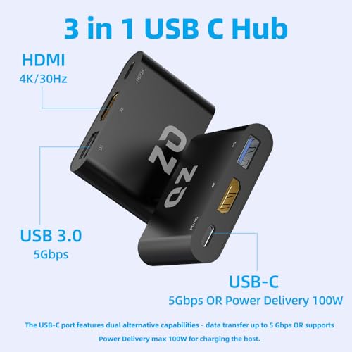 QZ [HDMI 4K + USB-C + USB] QZ USB-C Hub with HDMI 4K, Dual Alternate USB Type-C Port with Power Delivery 100W or Data Transfer 5Gbps for USB-C PC, Laptop and Phones - Image 3