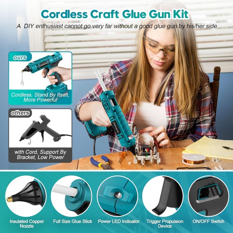 كاست ويف مجموعة مسدس الغراء الساخن اللاسلكي 100 وات، مسدس غراء لاسلكي قابل لإعادة الشحن مع حامل، مسدس غراء ساخن شديد التحمل مع 10 قطع من عصا مسدس الغراء الساخن بالحجم الكامل 0.43 بوصة للأعمال اليدوية والمنزلية - Image 2