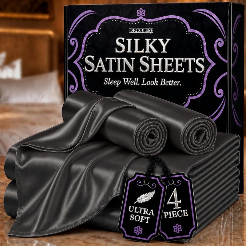 DECOLURE Satin Sheets Full Size Set 4 Pcs - Silky & Luxuriously Soft Satin Bed Sheets w/ 15inch Deep Pocket - Similar to Silk Sheets - Double Stitching, Wrinkle Free (Stone Grey) - Image 1