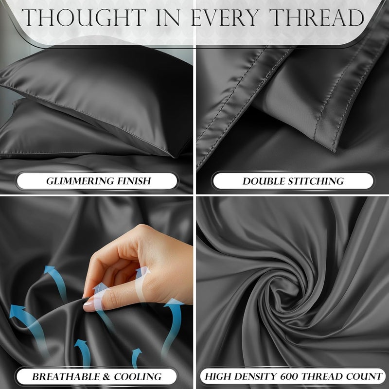 DECOLURE Satin Sheets Full Size Set 4 Pcs - Silky & Luxuriously Soft Satin Bed Sheets w/ 15inch Deep Pocket - Similar to Silk Sheets - Double Stitching, Wrinkle Free (Stone Grey) - Image 3