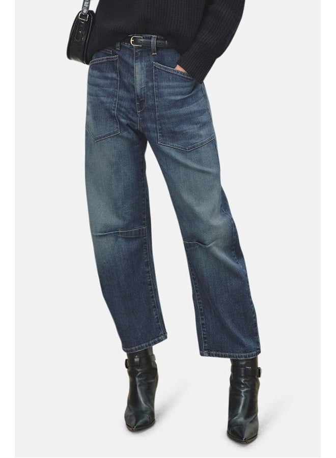 yoeasy Womens Baggy Barrel Horseshoe Jeans Mid Rise Wide Leg Vintage Denim Pants Boyfriend Jeans with Pockets, Blue, S - Image 3