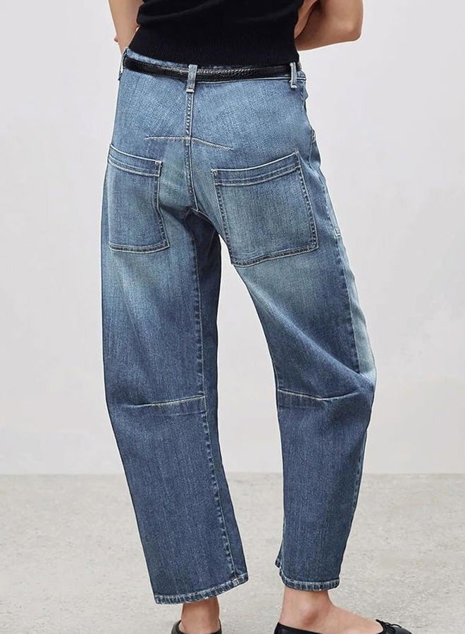 yoeasy Womens Baggy Barrel Horseshoe Jeans Mid Rise Wide Leg Vintage Denim Pants Boyfriend Jeans with Pockets, Blue, S - Image 2