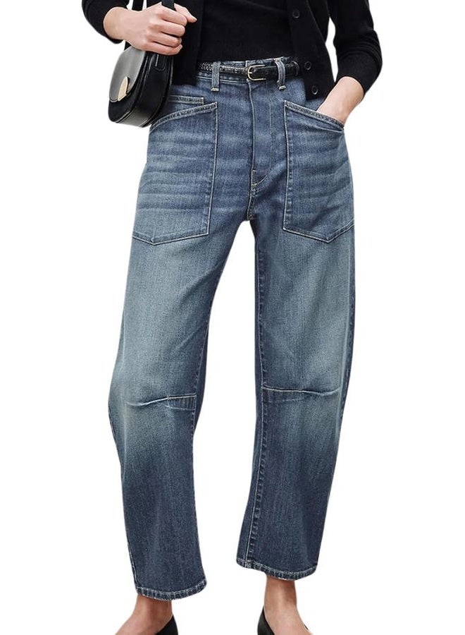 yoeasy Womens Baggy Barrel Horseshoe Jeans Mid Rise Wide Leg Vintage Denim Pants Boyfriend Jeans with Pockets, Blue, S - Image 1