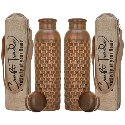 Craft Trade Copper Water Bottle 34 Oz, 100% Pure Copper Bottle, Ayurveda Inspired Vessel for Wellness, Handcrafted in Diamond Pattern with Jute Carry Case, Boosts Immunity, Leak-Proof, BPA-Free - Image 1