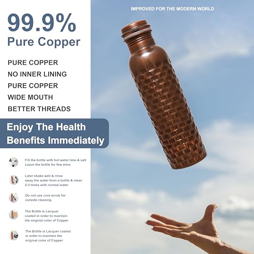 Craft Trade Copper Water Bottle 34 Oz, 100% Pure Copper Bottle, Ayurveda Inspired Vessel for Wellness, Handcrafted in Diamond Pattern with Jute Carry Case, Boosts Immunity, Leak-Proof, BPA-Free - Image 4