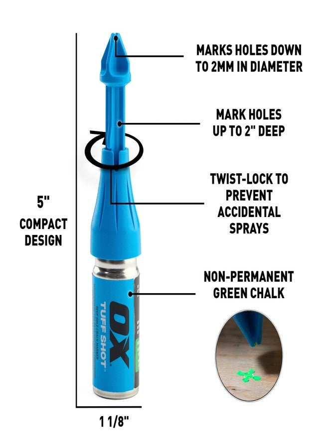 أكس أداة تحديد المدى العميق Tuff Shot من OX Tools، علامات ثقب الحفر، طلقة طباشيرية من طلقة غير دائمة من طباشير أخضر عالي الوضوح للثقب العميق، علامة طويلة المدى، 250 طلقة طباشيرية متقطعة - Image 2