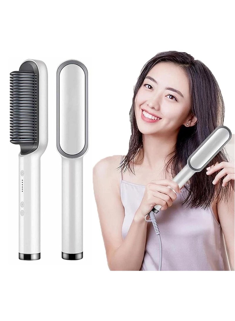 Hair Straightener Brush, Ionic Hair Straightener and Curler 2 in 1, Fast Heating & 5 Temp Settings, Auto Temperature Lock Hot Comb（White） - Image 1