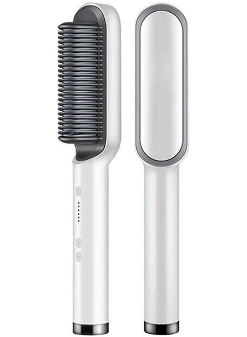 Hair Straightener Brush, Ionic Hair Straightener and Curler 2 in 1, Fast Heating & 5 Temp Settings, Auto Temperature Lock Hot Comb（White） - Image 2