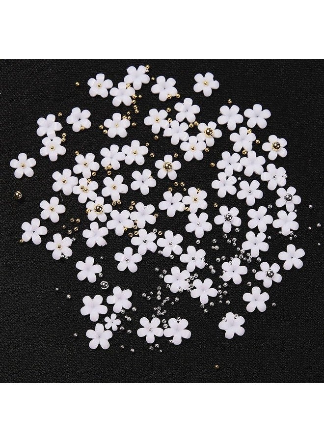 Brille Bee 3D Floral Nail Art Charms, 6 Grid Acrylic Flowers, White with Gold Silver Ball Beads - Image 4