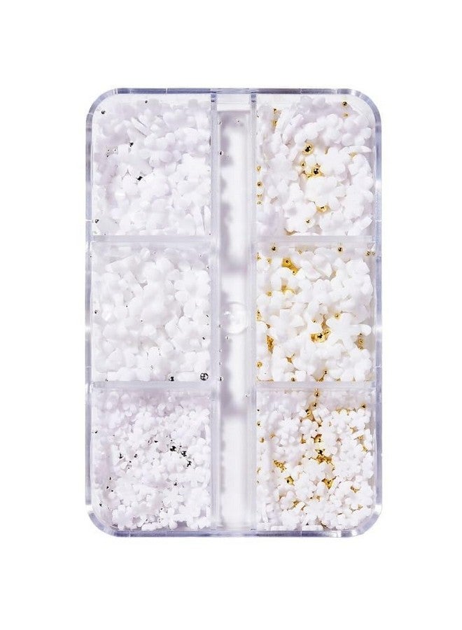 Brille Bee 3D Floral Nail Art Charms, 6 Grid Acrylic Flowers, White with Gold Silver Ball Beads - Image 2