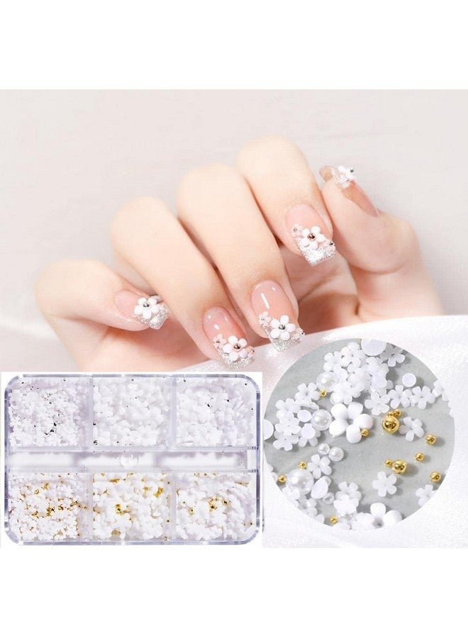 Brille Bee 3D Floral Nail Art Charms, 6 Grid Acrylic Flowers, White with Gold Silver Ball Beads - Image 1