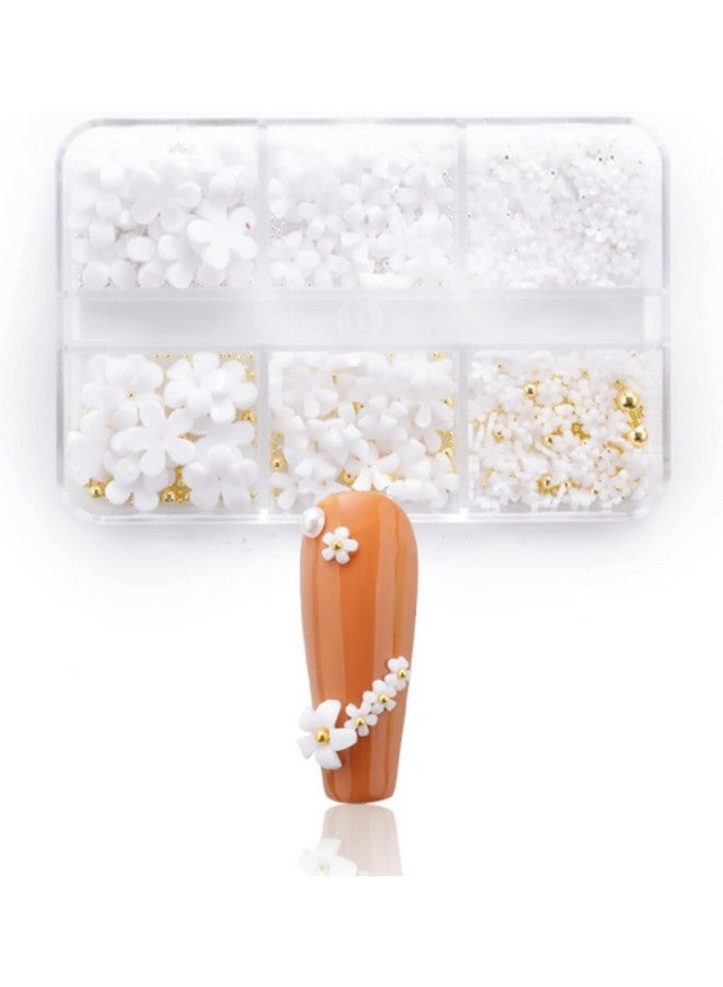 Brille Bee 3D Floral Nail Art Charms, 6 Grid Acrylic Flowers, White with Gold Silver Ball Beads - Image 5