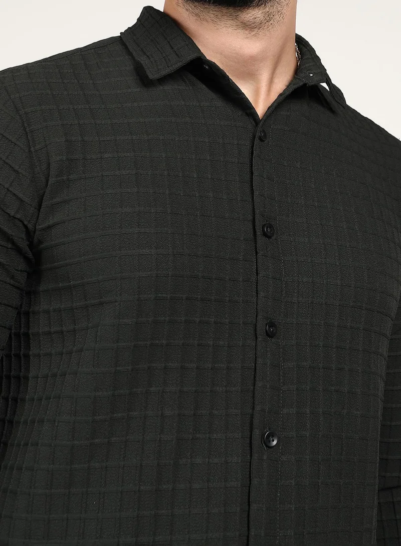 Campus Sutra Men's Midnight Black Embossed Graph Check Shirt