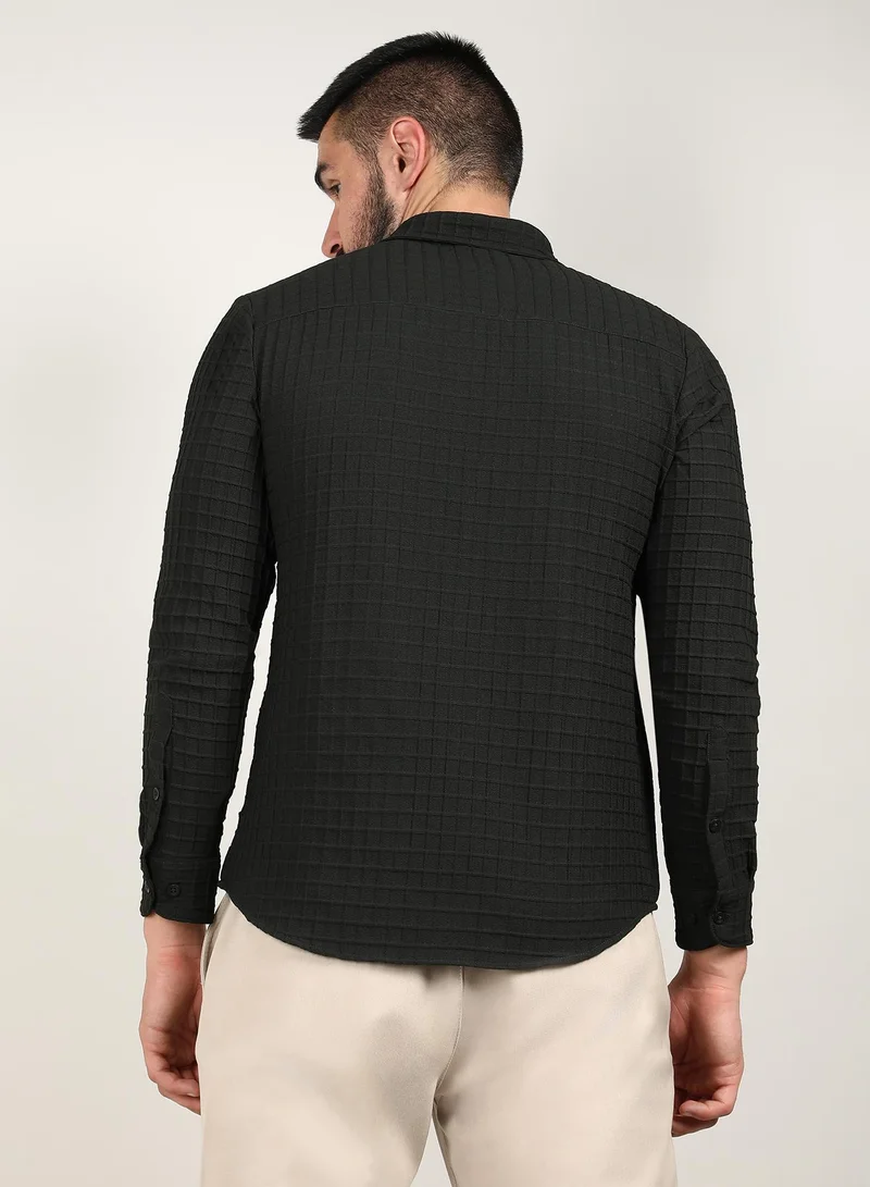 Campus Sutra Men's Midnight Black Embossed Graph Check Shirt