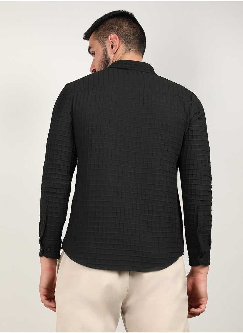 كامبوس سوترا Men's Midnight Black Embossed Graph Check Shirt  - Image 3