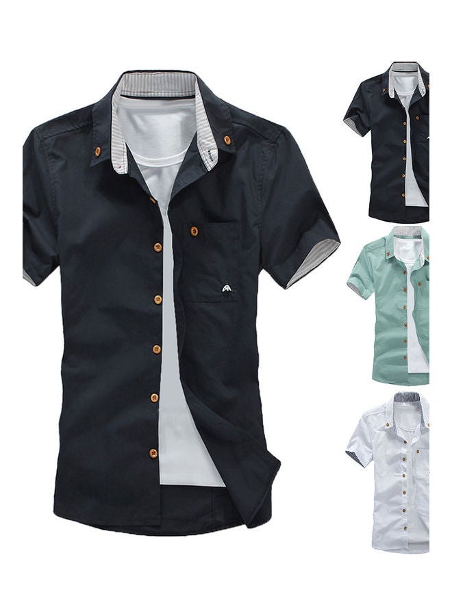 NIBEMINENT Men Solid Colour Turndown Collar Short Sleeve Button Embroidered Slim Fit Shirt Black  - Image 2