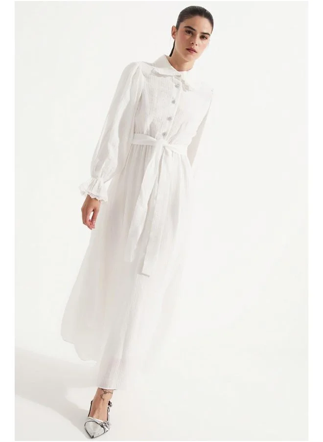 JUNE June Lace Detailed Shirt Neck Dress White