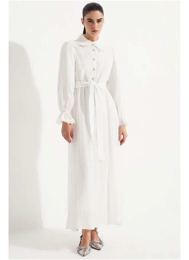 جون June Lace Detailed Shirt Neck Dress White