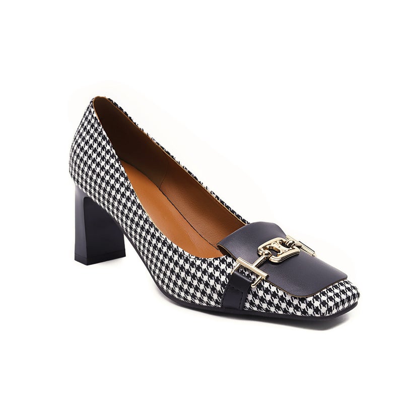 In The Early Spring Of 2021 New Fashion High Heel Square Head Shallow Plaid 40-43 Plus Size Shallow Mouth Single Shoes - Image 5